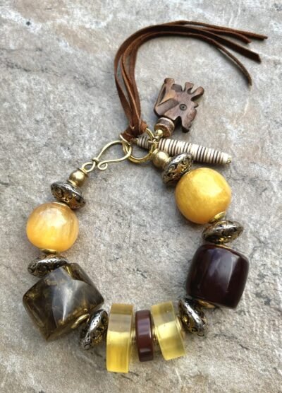 Bohemian Bracelet Vintage Resin, Antique Metal, Leather & African Trade Charms - Image 4