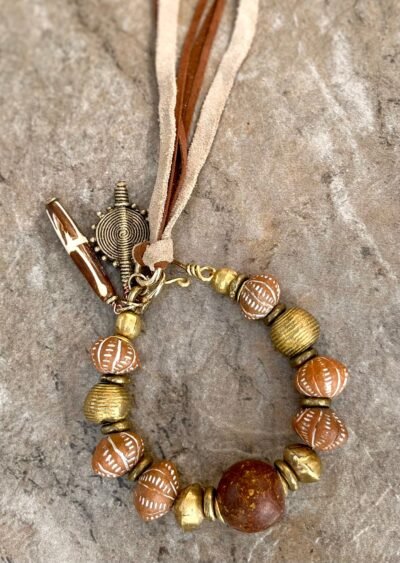African Tribal Bracelet Ethnic Clay, Brass and Batik Bone - Image 5