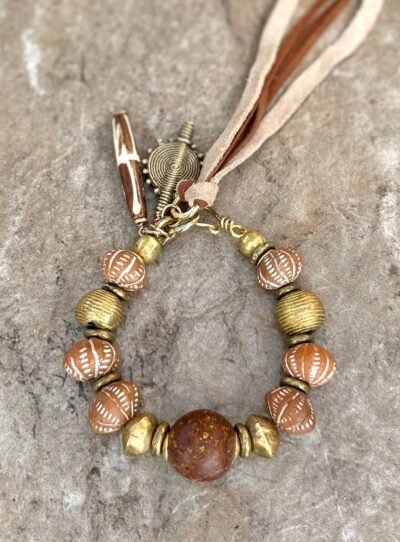 African Tribal Bracelet Ethnic Clay, Brass and Batik Bone