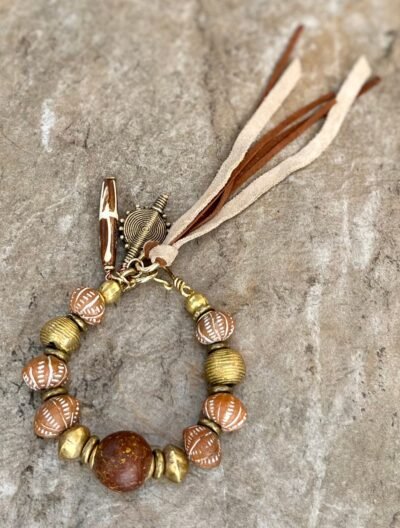 African Tribal Bracelet Ethnic Clay, Brass and Batik Bone - Image 8