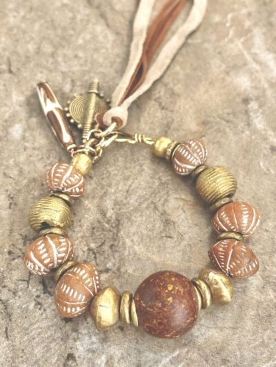 African Tribal Bracelet Ethnic Clay, Brass and Batik Bone - Image 3