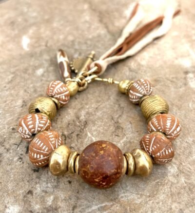 African Tribal Bracelet Ethnic Clay, Brass and Batik Bone - Image 7