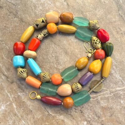 Colorful Statement Necklace Vintage Resin, Glass and African Ethnic Brass - Image 4