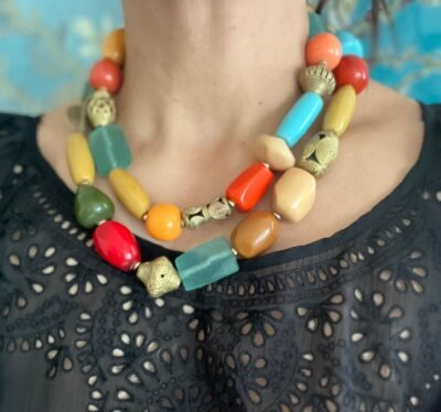 Colorful Statement Necklace Vintage Resin, Glass and African Ethnic Brass - Image 5