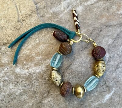 Tribal Boho Bracelet African Ethnic Clay, Brass and Recycled Glass - Image 5