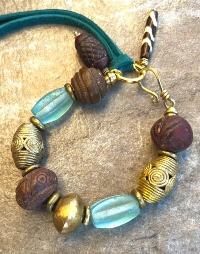 Tribal Boho Bracelet African Ethnic Clay, Brass and Recycled Glass - Image 2