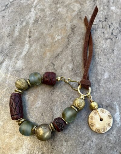 Tribal Boho Bracelet African Ethnic Clay, Brass and Recycled Glass - Image 5