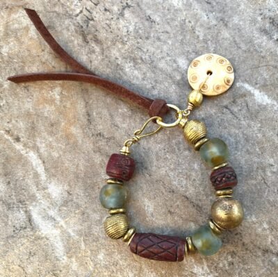 Tribal Boho Bracelet African Ethnic Clay, Brass and Recycled Glass - Image 4