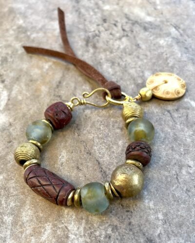 Tribal Boho Bracelet African Ethnic Clay, Brass and Recycled Glass