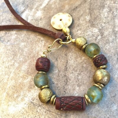 Tribal Boho Bracelet African Ethnic Clay, Brass and Recycled Glass - Image 2