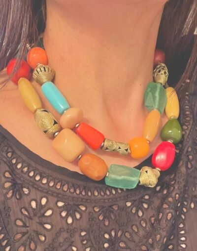 Colorful Statement Necklace Vintage Resin, Glass and African Ethnic Brass - Image 8