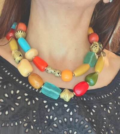 Colorful Statement Necklace Vintage Resin, Glass and African Ethnic Brass - Image 2