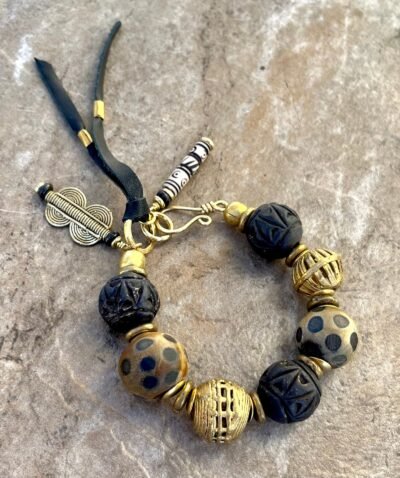 Tribal Bracelet Ethnic Clay, African Brass and Carved Horn Beads