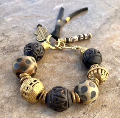 Tribal Bracelet Ethnic Clay, African Brass and Carved Horn Beads - Image 2