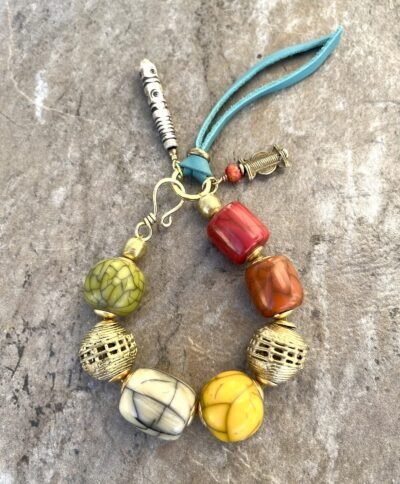 Bohemian Bracelet Antique Crackled Resin and African Brass Beads