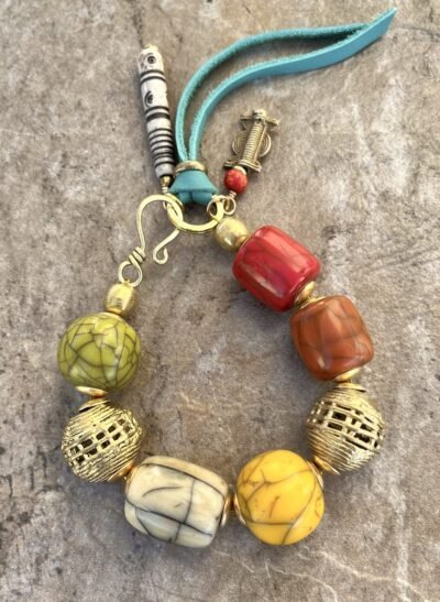 Bohemian Bracelet Antique Crackled Resin and African Brass Beads - Image 5