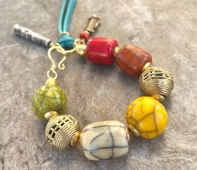 Bohemian Bracelet Antique Crackled Resin and African Brass Beads - Image 2