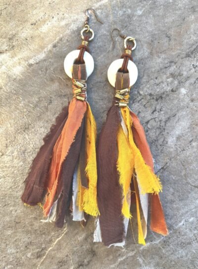 Dramatic Bohemian Earrings Sari Silk, Leather and African Tribal Beads - Image 6