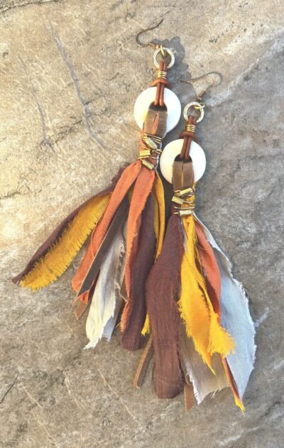 Dramatic Bohemian Earrings Sari Silk, Leather and African Tribal Beads - Image 5