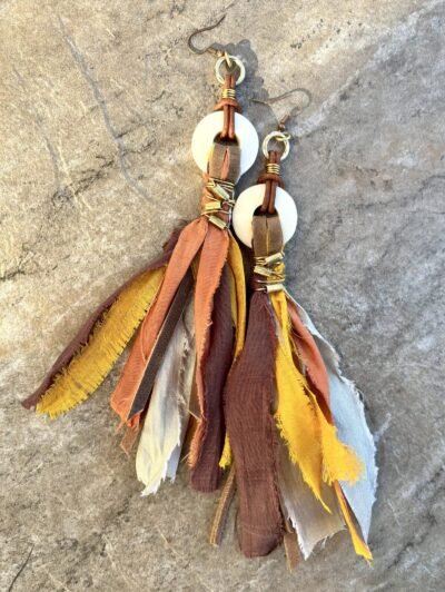 Dramatic Bohemian Earrings Sari Silk, Leather and African Tribal Beads