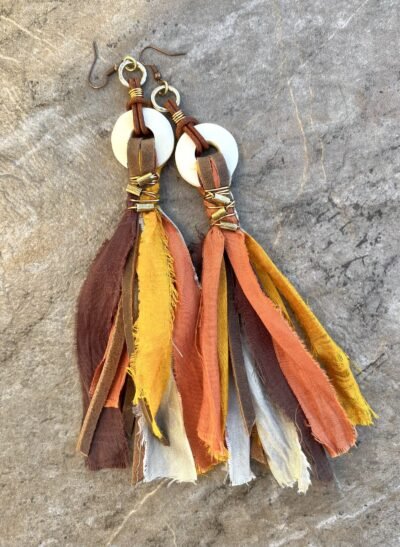 Dramatic Bohemian Earrings Sari Silk, Leather and African Tribal Beads - Image 2