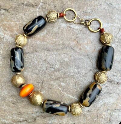 Statement African Tribal Horn, Brass and Copal Necklace - Image 8