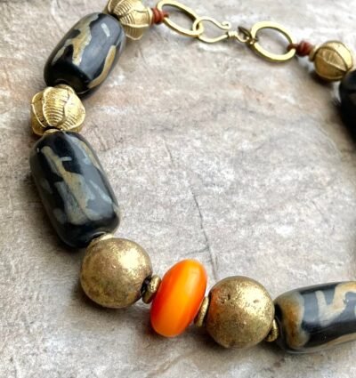 Statement African Tribal Horn, Brass and Copal Necklace - Image 7