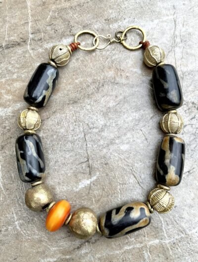 Statement African Tribal Horn, Brass and Copal Necklace