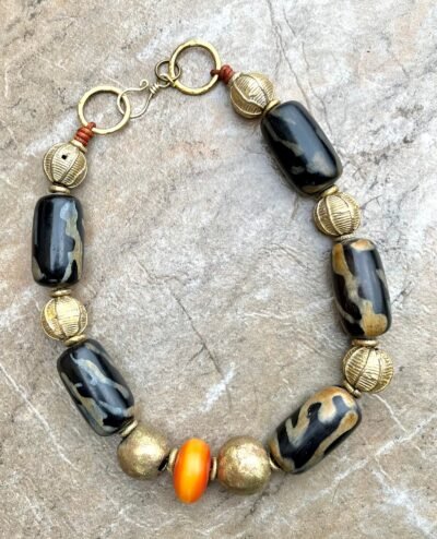 Statement African Tribal Horn, Brass and Copal Necklace - Image 6