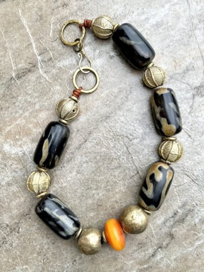 Statement African Tribal Horn, Brass and Copal Necklace - Image 3