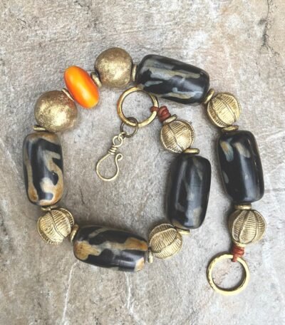 Statement African Tribal Horn, Brass and Copal Necklace - Image 2