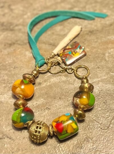 Colorful Boho Bracelet Vintage Resin and African Tribal Lost Wax Brass Beads - Image 2