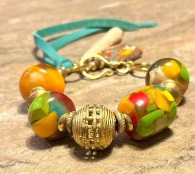 Colorful Boho Bracelet Vintage Resin and African Tribal Lost Wax Brass Beads - Image 6