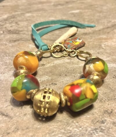 Colorful Boho Bracelet Vintage Resin and African Tribal Lost Wax Brass Beads - Image 8