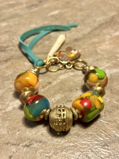 Colorful Boho Bracelet Vintage Resin and African Tribal Lost Wax Brass Beads