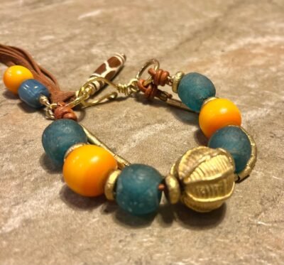 Tribal Boho Bracelet African Ethnic Copal, Recycled Glass and Brass Beads - Image 11