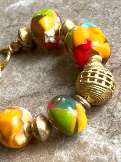 Colorful Boho Bracelet Vintage Resin and African Tribal Lost Wax Brass Beads - Image 4