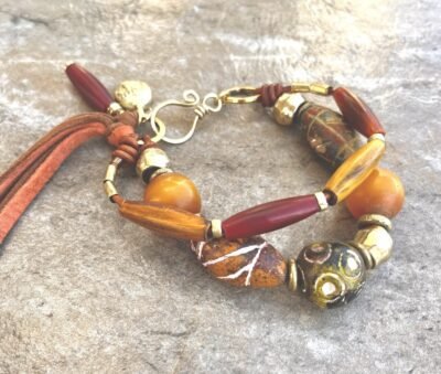 Tribal Boho Bracelet African Ethnic Clay, Horn, Copal and Brass Beads - Image 5