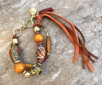 Tribal Boho Bracelet African Ethnic Clay, Horn, Copal and Brass Beads