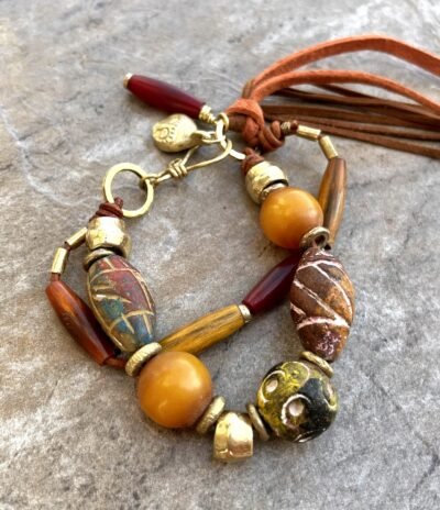 Tribal Boho Bracelet African Ethnic Clay, Horn, Copal and Brass Beads - Image 13