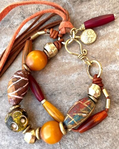 Tribal Boho Bracelet African Ethnic Clay, Horn, Copal and Brass Beads - Image 12