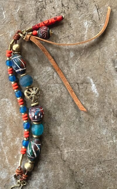 Tribal Boho Bracelet African Ethnic Clay, Recycled Glass and Brass Beads - Image 3