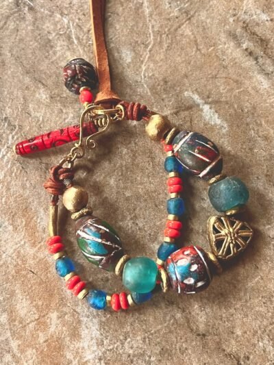 Tribal Boho Bracelet African Ethnic Clay, Recycled Glass and Brass Beads - Image 15