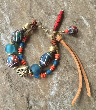 Tribal Boho Bracelet African Ethnic Clay, Recycled Glass and Brass Beads - Image 5