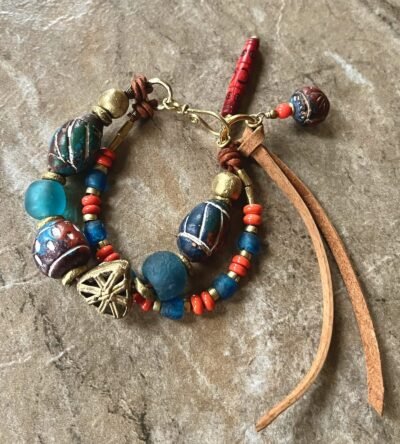 Tribal Boho Bracelet African Ethnic Clay, Recycled Glass and Brass Beads