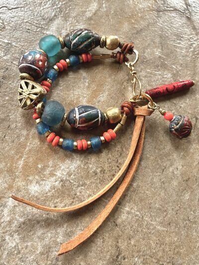 Tribal Boho Bracelet African Ethnic Clay, Recycled Glass and Brass Beads - Image 12