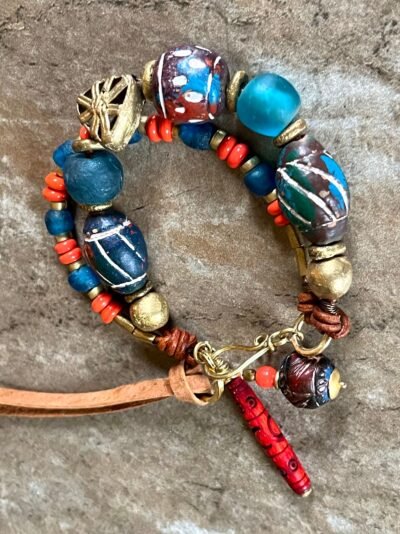 Tribal Boho Bracelet African Ethnic Clay, Recycled Glass and Brass Beads - Image 11