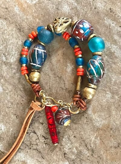 Tribal Boho Bracelet African Ethnic Clay, Recycled Glass and Brass Beads - Image 13