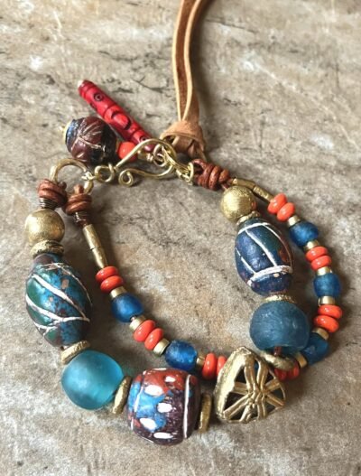 Tribal Boho Bracelet African Ethnic Clay, Recycled Glass and Brass Beads - Image 2