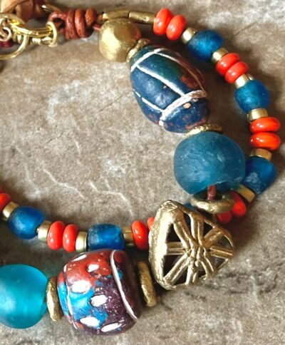 Tribal Boho Bracelet African Ethnic Clay, Recycled Glass and Brass Beads - Image 9